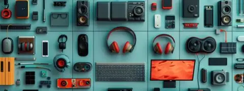 modern gadgets tech devices flat lay blue background headphones cameras keyboards 94064 30670