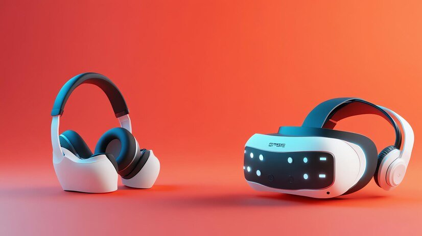 two virtual reality headsets are shown against pink blue gradient background 36682 346927